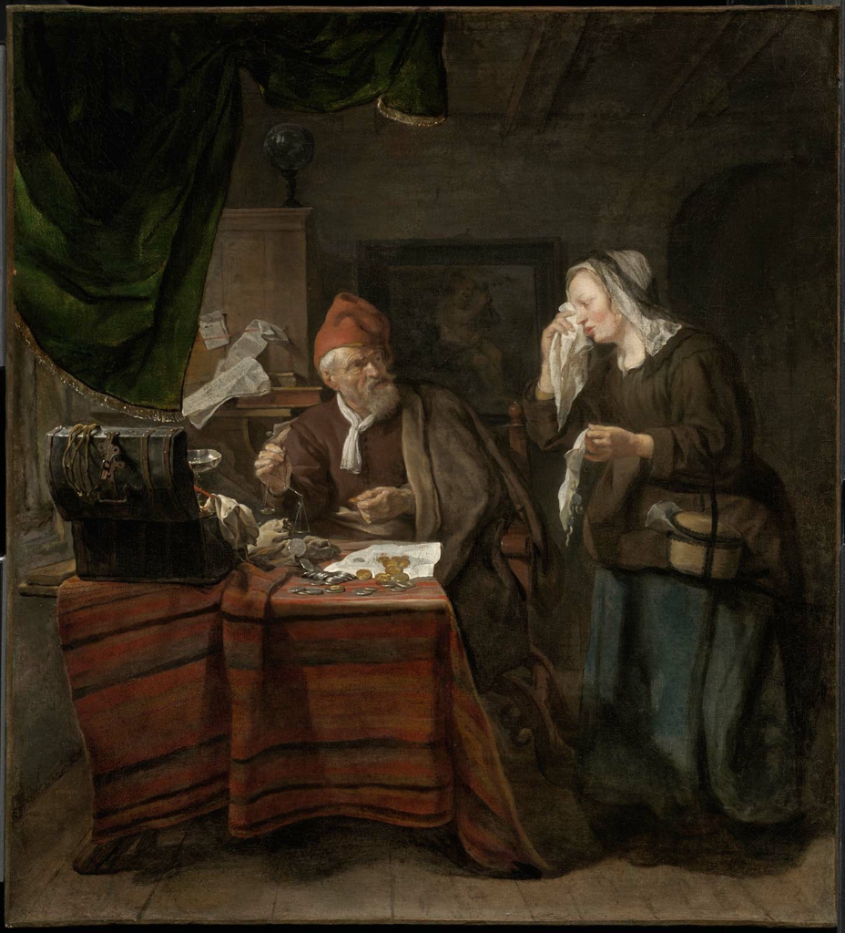 Usurer with a Tearful Woman, painted by Gabriel Metsu in 1654