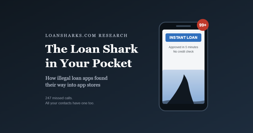 Illustration of a smartphone showing an instant loan app with a shark fin rising inside the screen and a badge showing 99 plus notifications