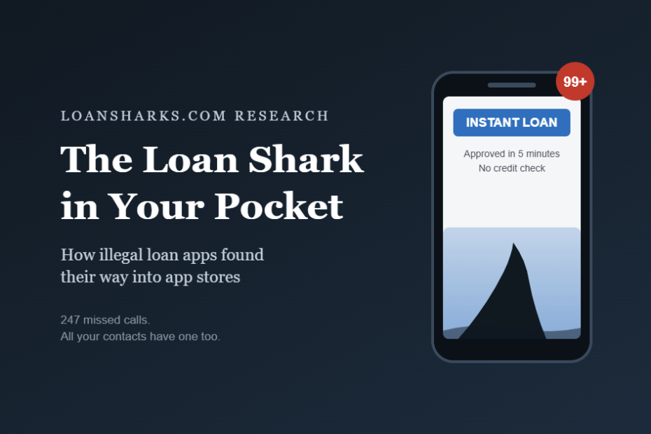 Illustration of a smartphone showing an instant loan app with a shark fin rising inside the screen and a badge showing 99 plus notifications
